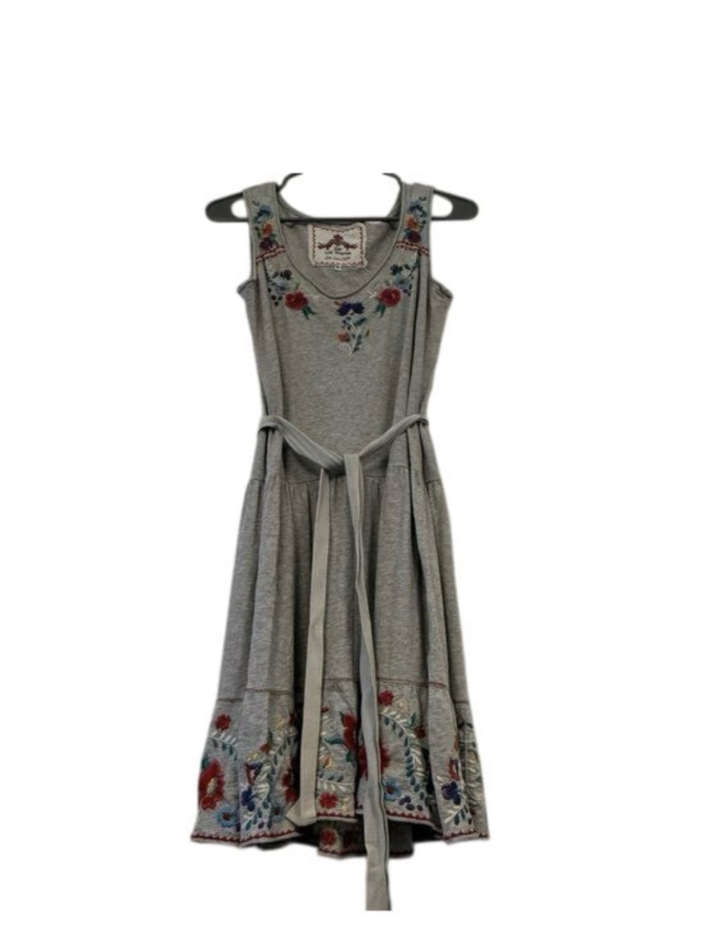 Johnny Was Gray Embroidered Sleeveless Midi Dress with Waist Tie
